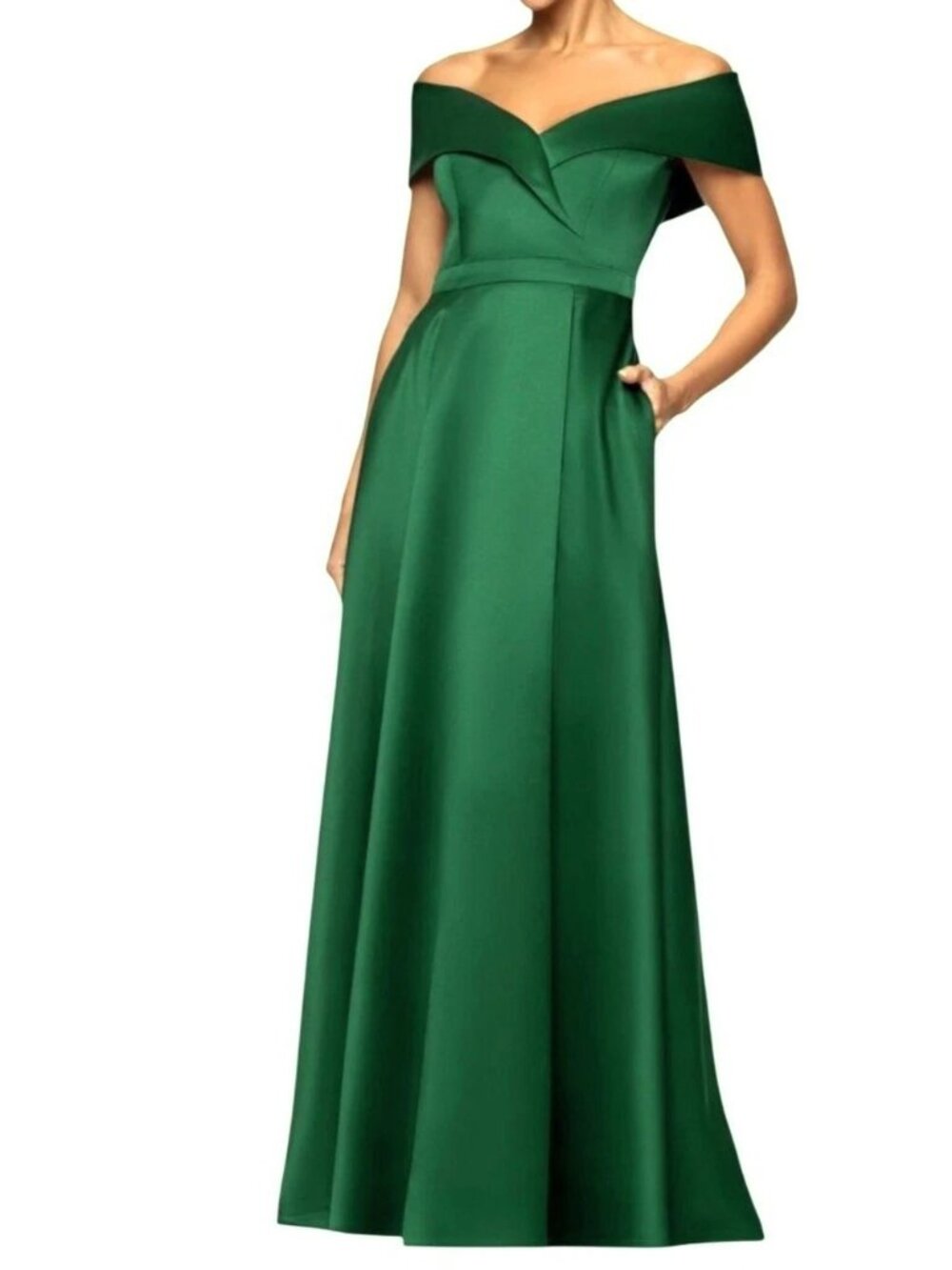 Xscape Hunter Emerald Green Satin Off the Shoulder Evening Gown